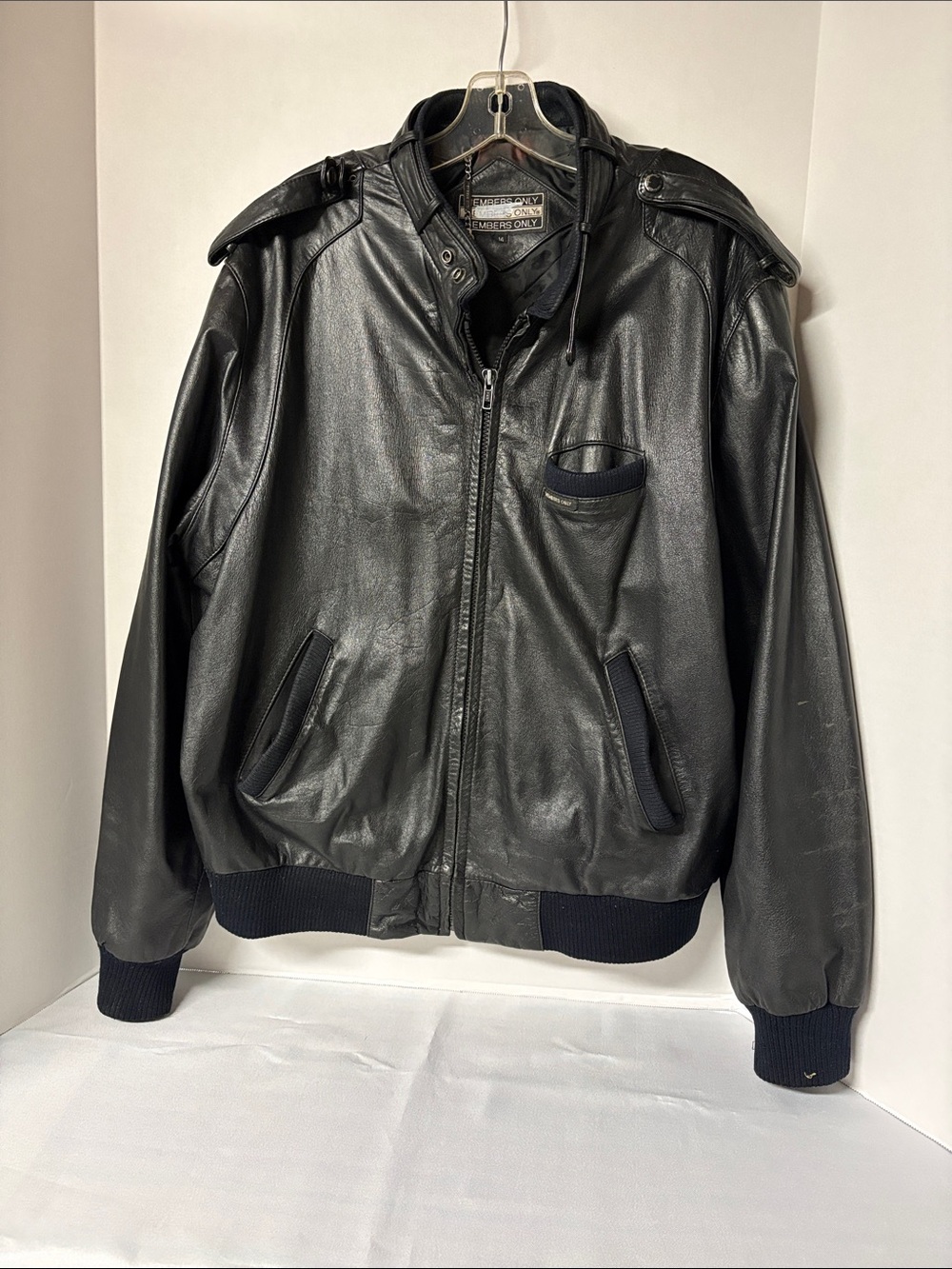 Vintage Members Only Black Leather Jacket Cafe Racer Collar 80s Size 44